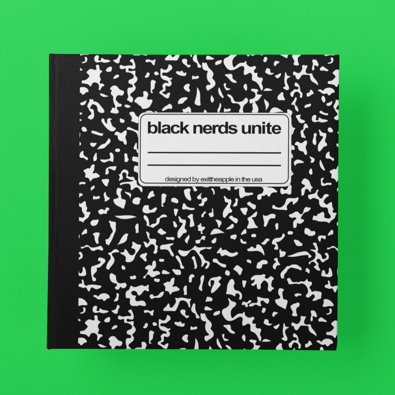 mockup of square journal with composition book design. text reads "black nerfs unite" in a small white box on the cover.