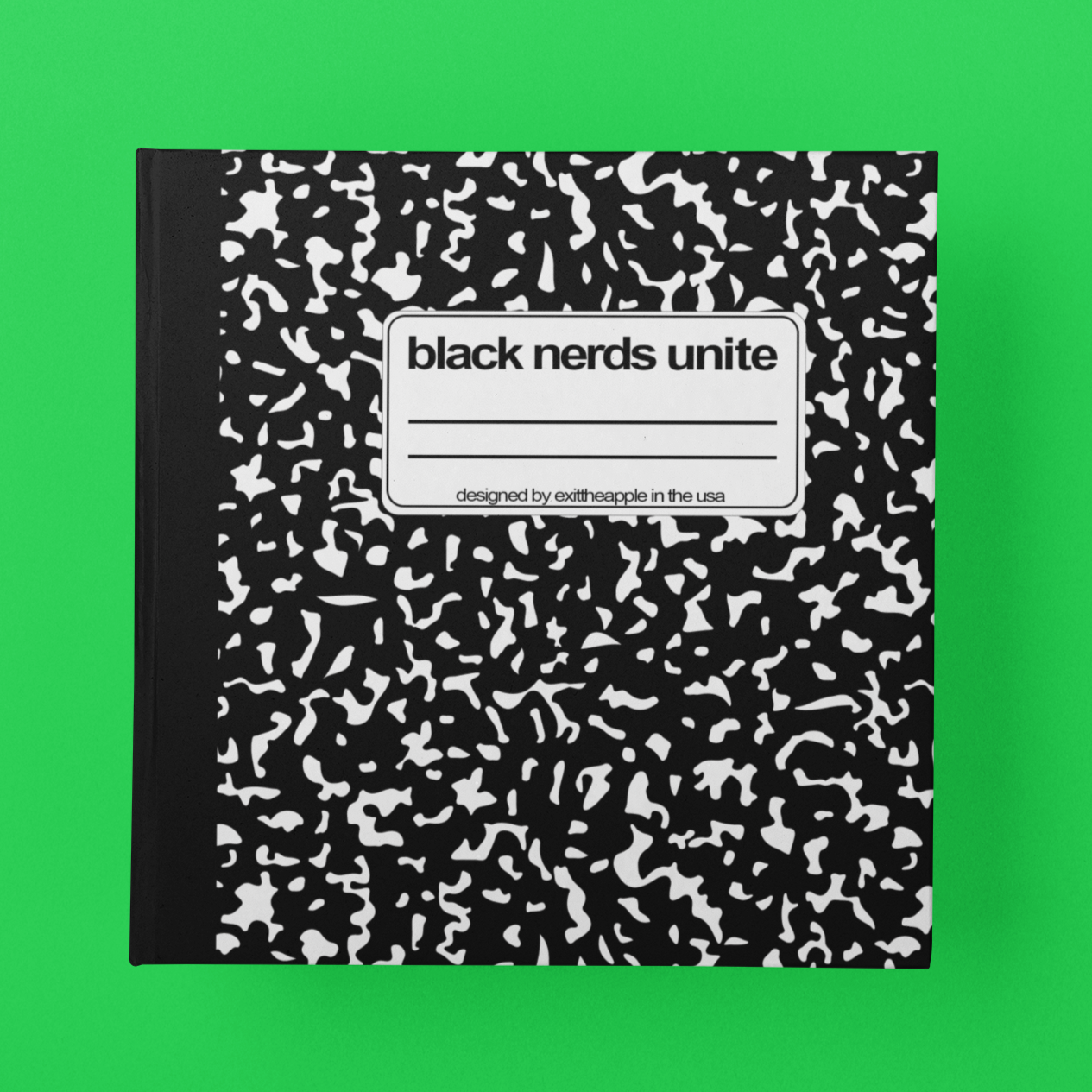 mockup of square journal with composition book design. text reads "black nerfs unite" in a small white box on the cover. 