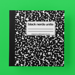 Load image into Gallery viewer, mockup of square journal with composition book design. text reads &quot;black nerfs unite&quot; in a small white box on the cover. 
